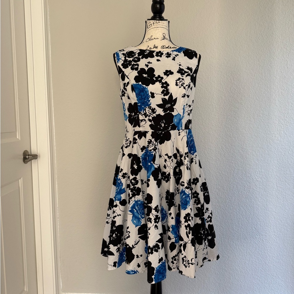 Grace Karin White Fit-and-Flare Midi Dress with Black & Blue Floral Print